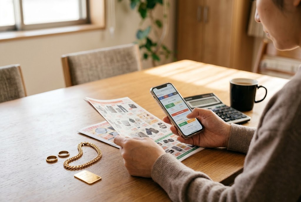 金買取の価格表やチラシをスマートフォンと見比べる様子