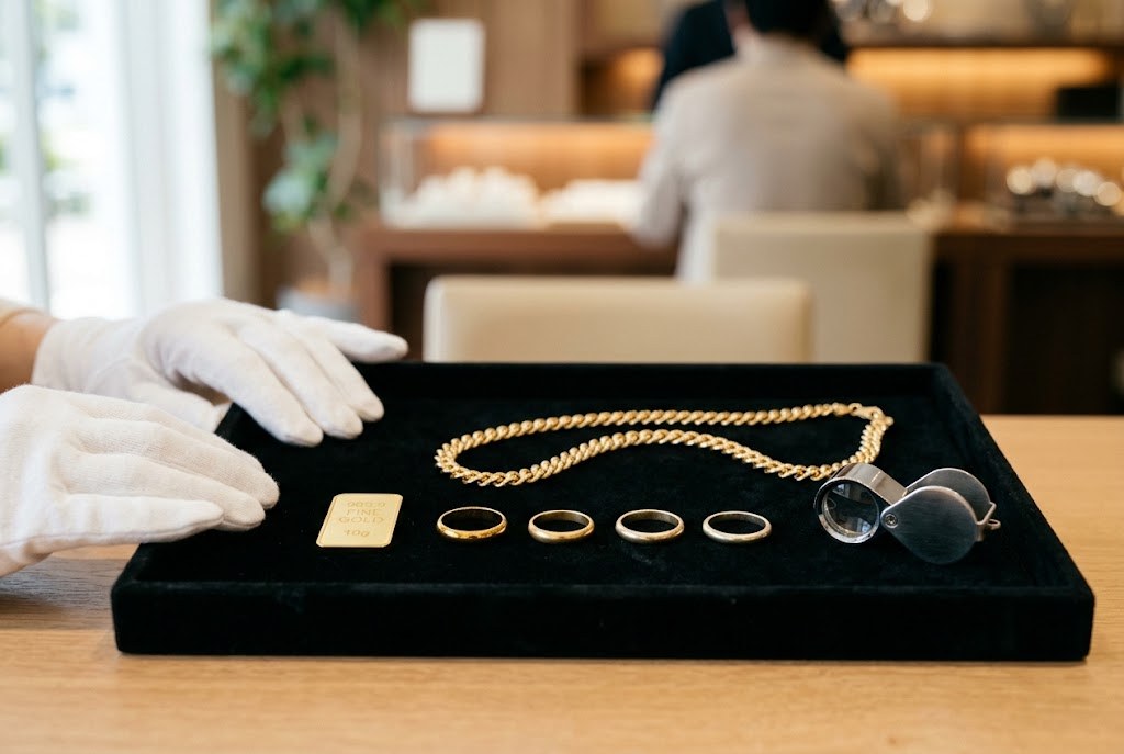純度の異なる金製品(K24インゴット・K18・K10の指輪)とルーペ